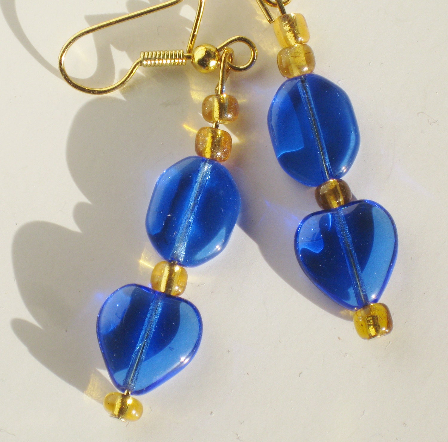 Czech Glass Earrings with Heart Beads, Graduation Gift. PROM. Beadwork Earrings, Blue Bohemian Glass Handcrafted Jewelry J 111107
