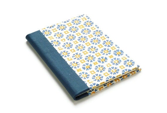 Quarter Leather Jotter - Handbound Journal - Yellow & Blue Design with Blue Leather Easter Gift