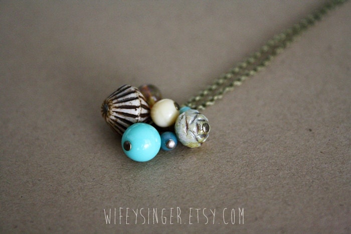 neutral colors czech glass bead cluster 26" necklace - cocoa and turquoise