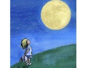 Children's Wall Art Print - Little Girl and the Man in the Moon Illustration - customizable hair color