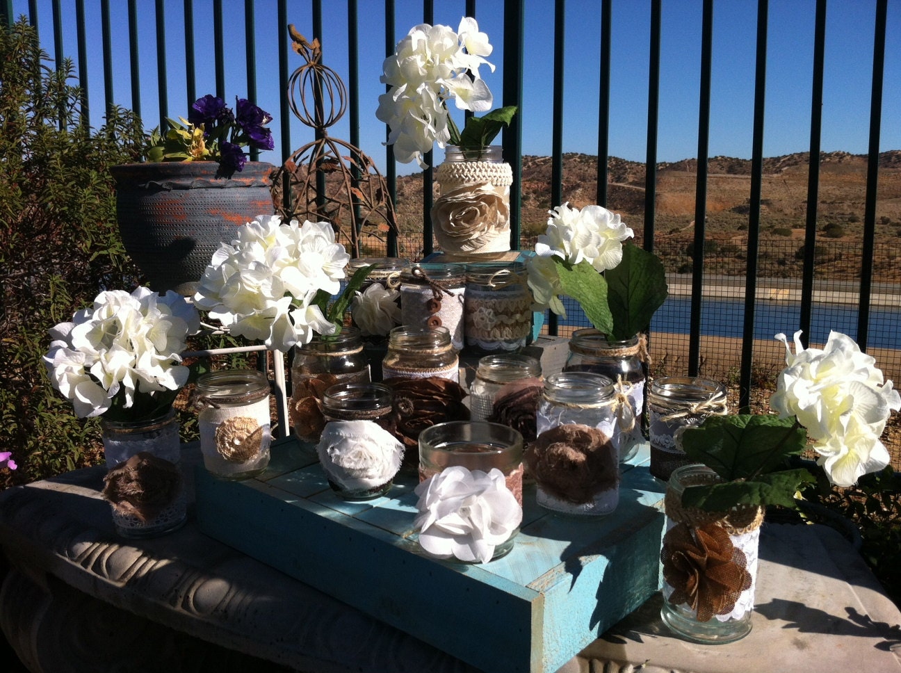 RUSTIC WEDDING DECOR. 25 Bulk Burlap Lace Mason Jars for wedding reception/ceremony decor. Head Table Decor, Wedding Centerpieces Wholesale