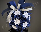 Origami Kusudama Ball - navy blue-white hanging ornament. Weeding or xmas decoration - AmberGlassArt