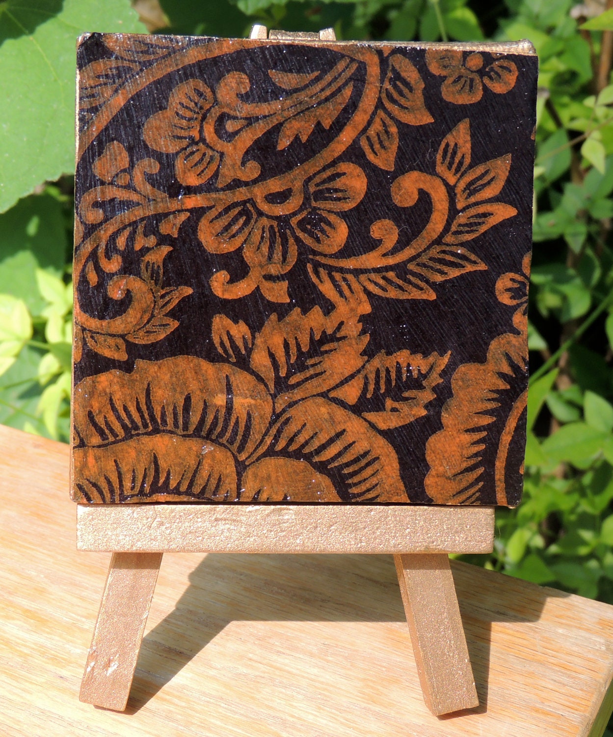 Brown and Orange Flower Design on Mini Canvas with matching Gold Easel, Cute Little Canvas, Floral Design on Canvas