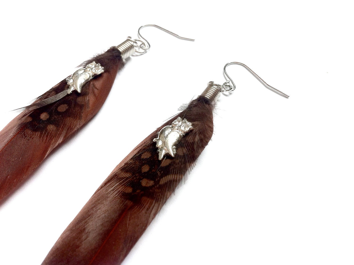 Brown Feather with Owl Hook Earrings , Handmade Jewelry by Dreambuzzer on Etsy