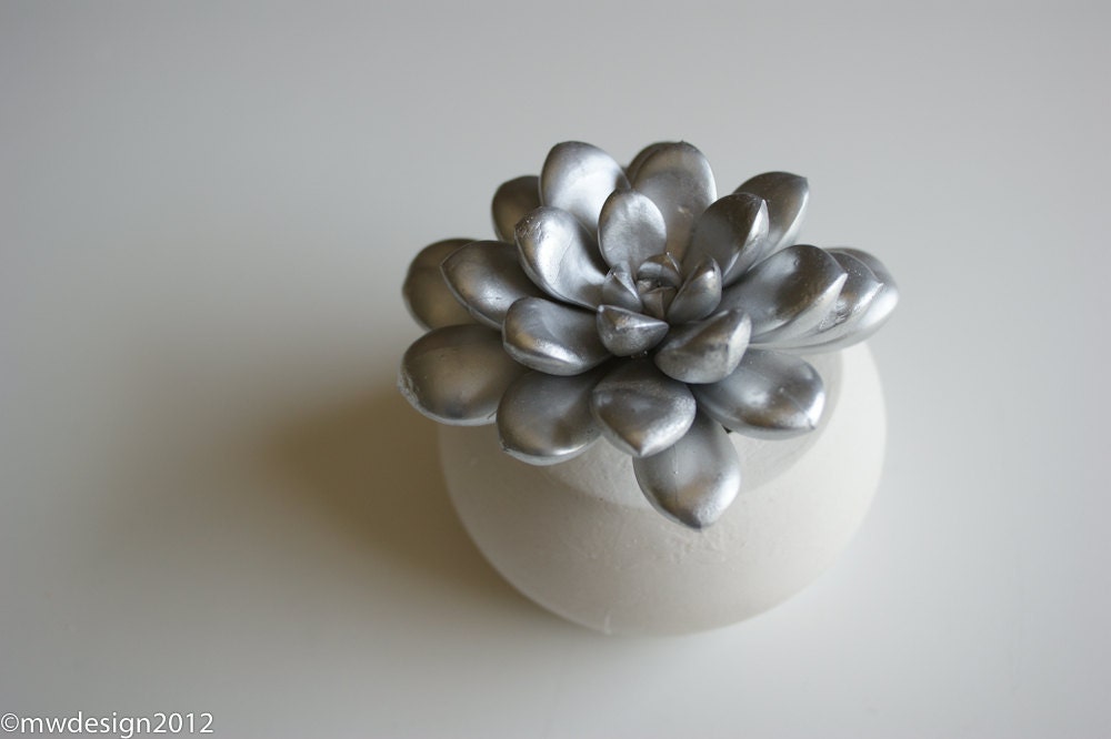 Succulent Sculpture in White Modern Round Container, Tabletop Centerpiece, Springtime Desktop Accessory
