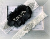 Wedding Garter Set - IVORY Lace Bridal Garter Elegant BLACK Chiffon Flower SILVER Rhinestone Show Garter & Rhinestone Diamond Toss Garter