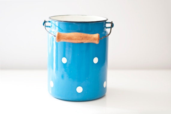 Vintage Enamel Milk Can - blue polka dot