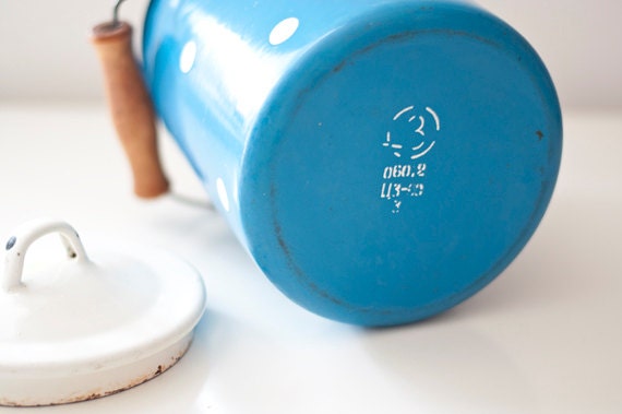 Vintage Enamel Milk Can - blue polka dot
