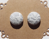 Gray and Lace Button Post Earrings - Fabric Covered Button Earrings - Hypoallergenic Post