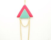 Minimalist Geometric Triangle Necklace - Mint Green And Coral Pink Hand Dyed Modern Brass Jewelry  - Gold Plated Chain