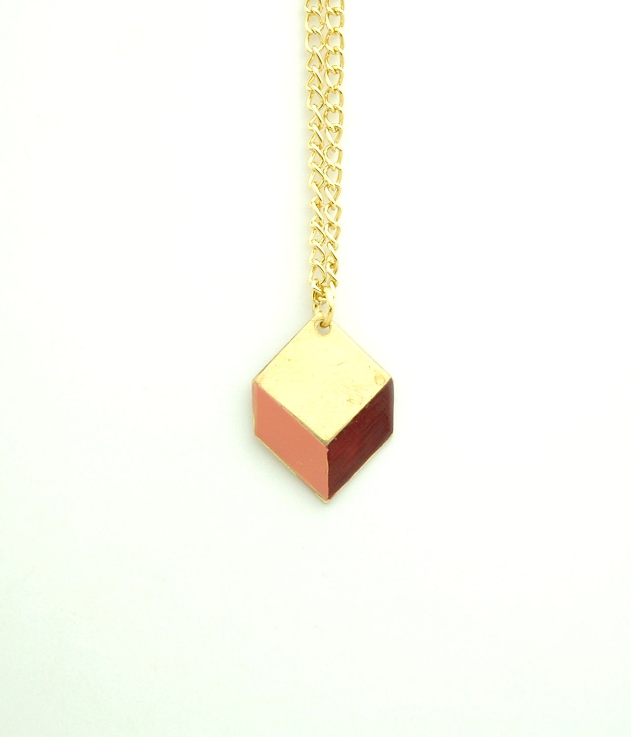 Minimalist Geometric 3d Square Chevron Necklace - Oxblood Red Burgundy And Dusty Pink Hand Dyed Modern Brass Jewelry  - Gold Plated Chain