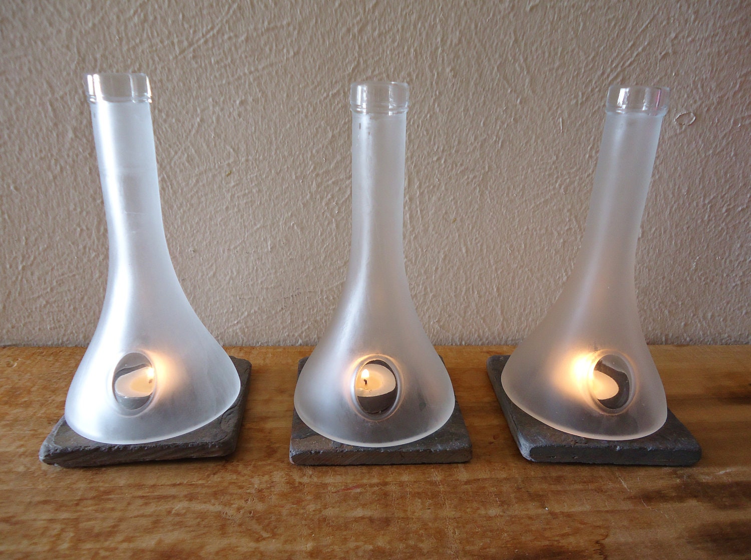 Tea Light Candle Holders Hurricane Lamps Lanterns Frosted made from Upcycled Cognac Bottles Set of 3