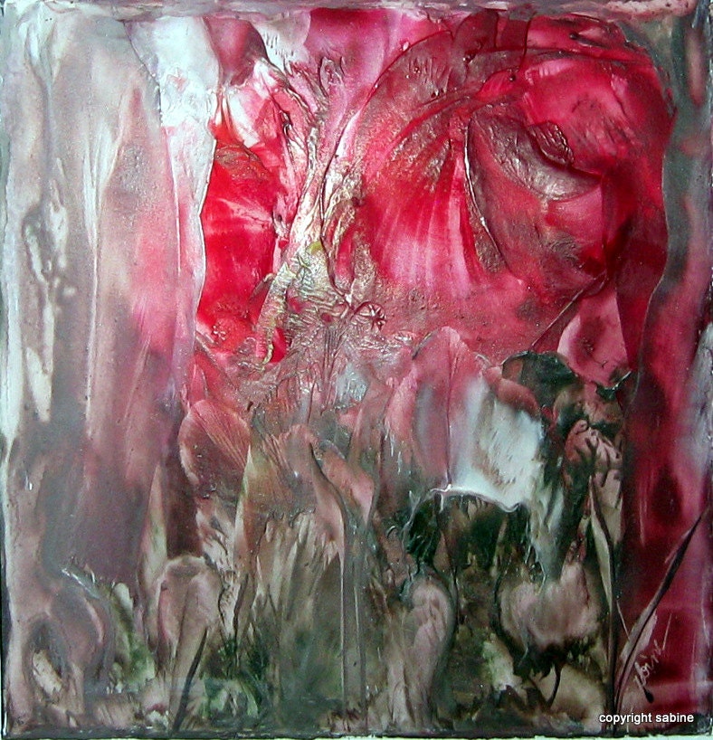 Original Encaustic 12x12 inch SFA Small Format Art Collection Abstract Floral (Passion for Red")  StudioSabine