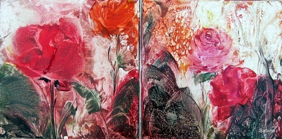 Contemporary Floral ORIGINAL ENCAUSTIC  Red Pink Orange Roses 12"x24" - diptych   two  12"x12" wraparound canvases - STUDIOSABINE