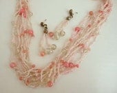 1960's Pink and White Pearlescent Multistrand Beaded Necklace& Earrings Set