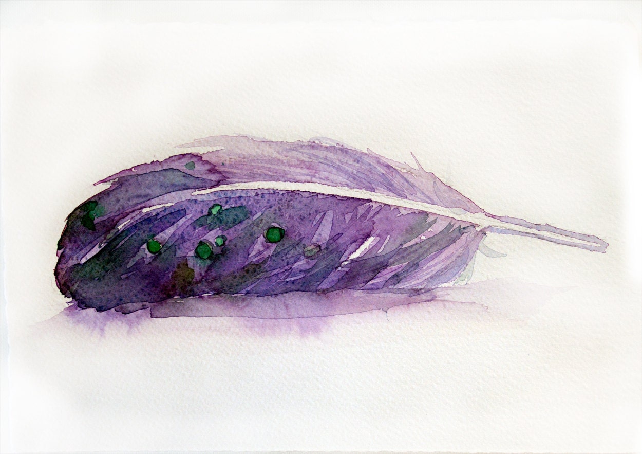 Watercolor feather painting-Original art-Violet feather in watercolor 7.5/11 inches