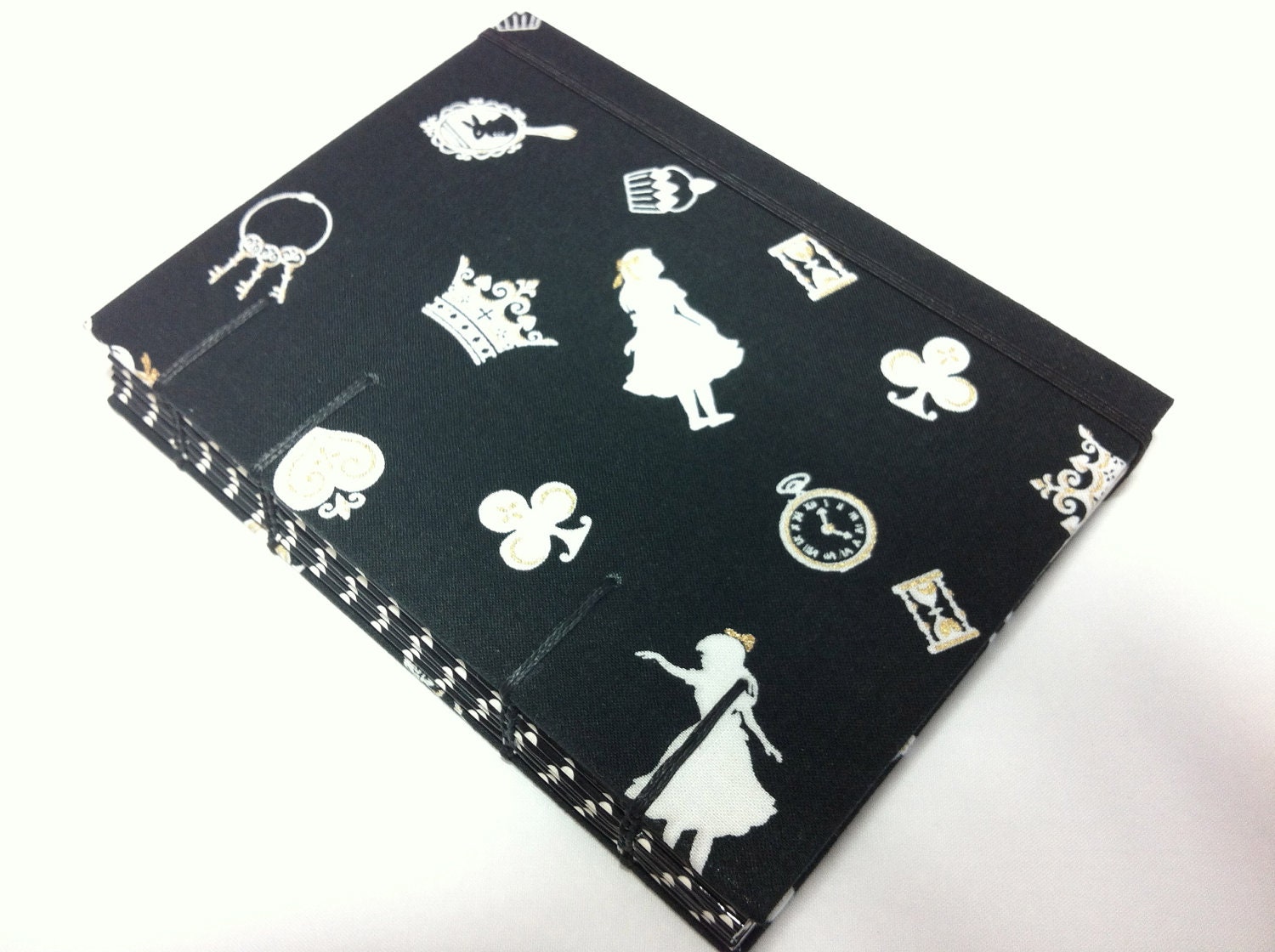 Alice in Wonderland Fabric Journal - Handmade - Coptic Stitched - Black Bakground with White and Gold Figures