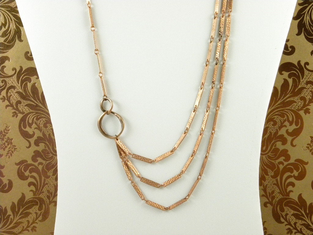 Triple Strand Infinity Pendant Vintage Hammered Copper Chain Link Necklace - Fashion Jewelry