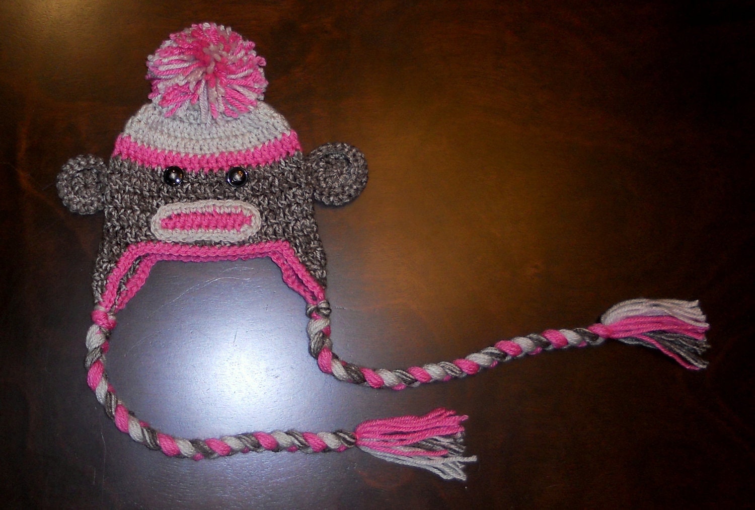 Crochet Sock Monkey Earflap Hat & Diaper Cover Set Handmade Pink Photo Prop
