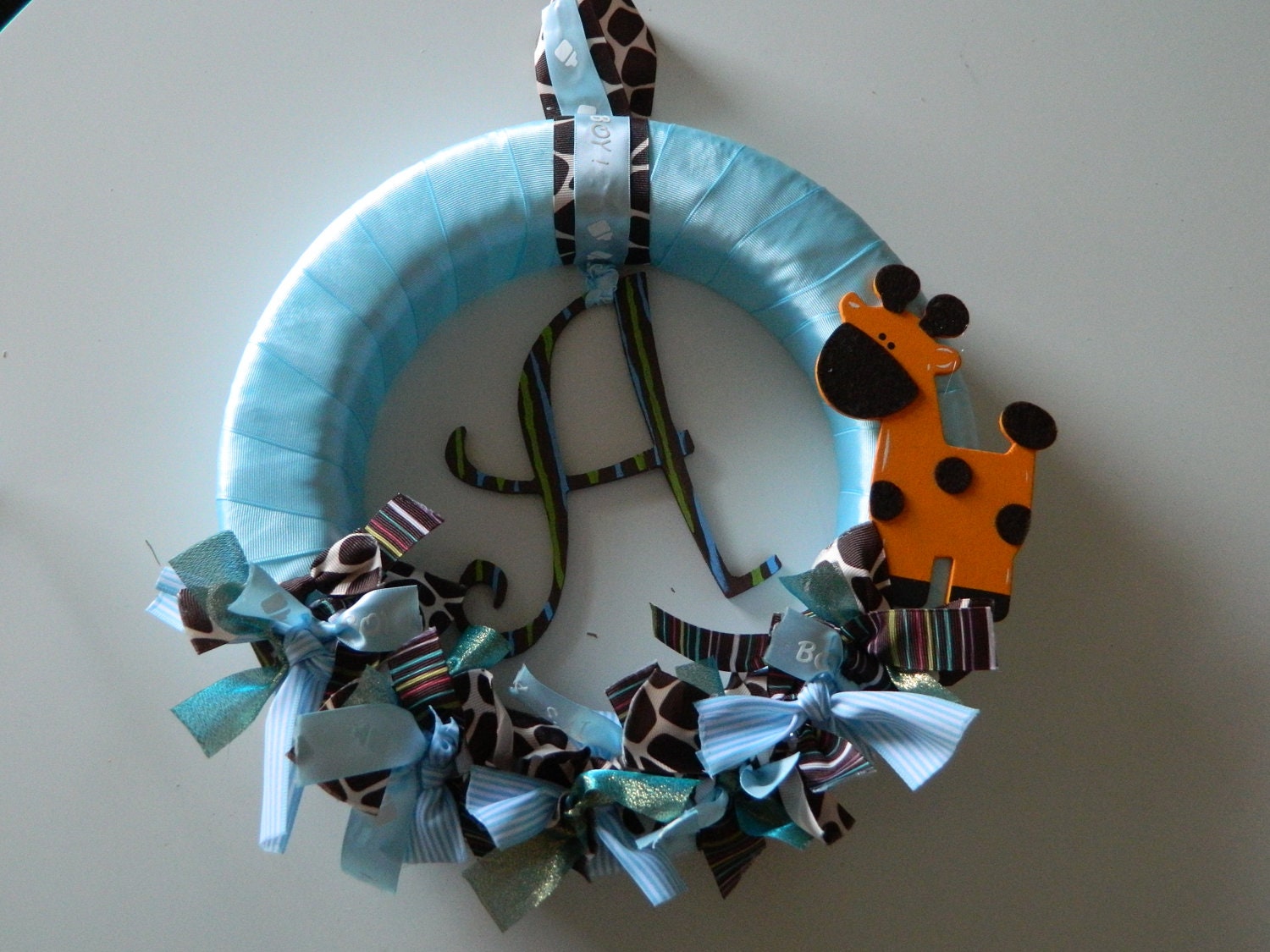 Baby Shower or Hospital Door Wreath - It's a Boy, Jungle theme with matching monogram, baby blue, brown, green and white Il_170x135