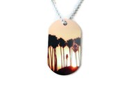 metal photo dog tag necklace key chain, summer photography, sunset photography, palm tree silhouette, golden gold yellow sky, california