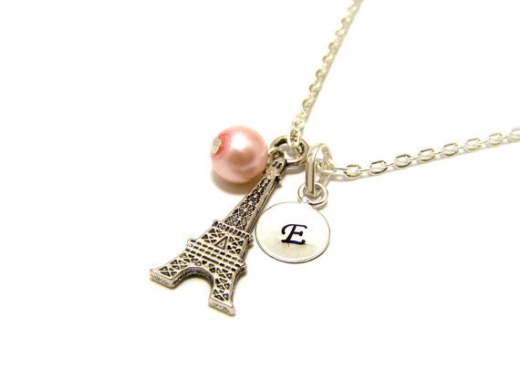 On Sale - Personalized Hand Stamped Initial Glass Pearl and Eiffel Tower Charm Sterling Silver Necklace / Paris Necklace / Gift for Her