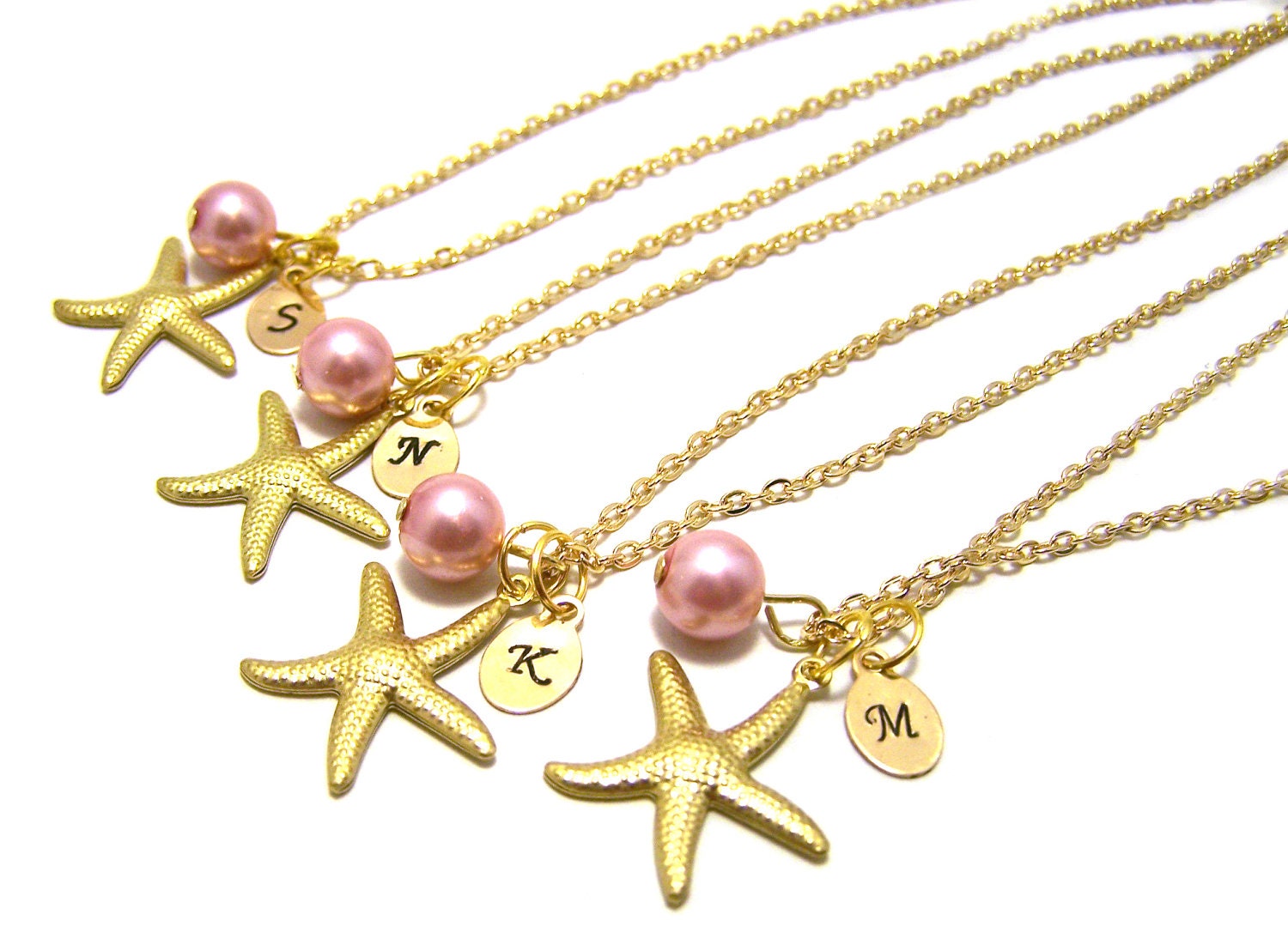 Custom Initial Hand Stamped, Gold Starfish and Glass Pearl Personalized Necklace / Gift for Her