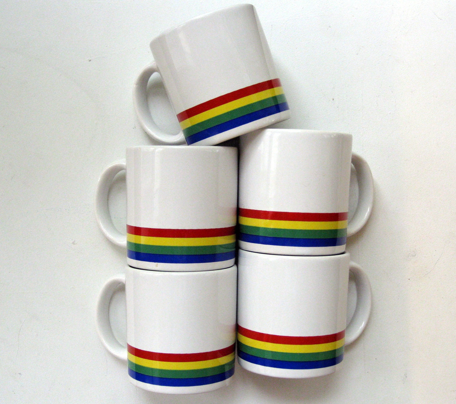 set of 5 regal vintage primary colors rainbow stripe mug cups stamped made in england