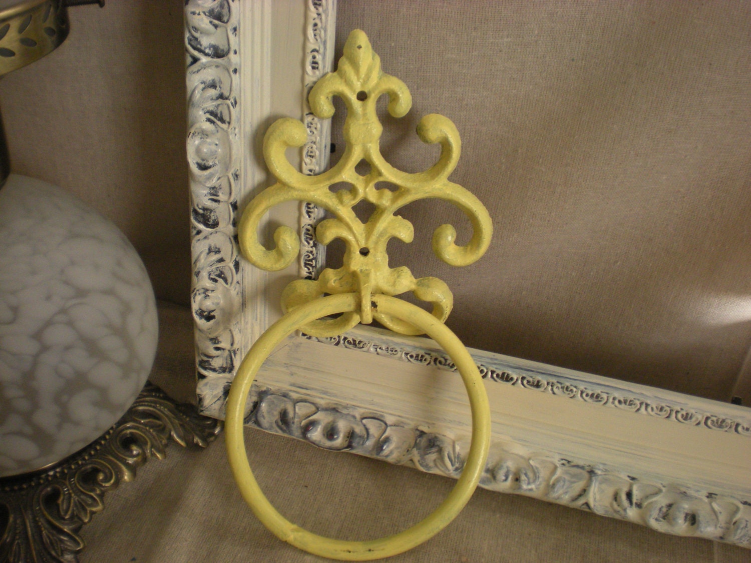Hand Towel Ring - Fleur de lis Holder - Pale Yellow Distressed Cast Iron - Bathroom Metal Fixture - Accessory Rack - Shabby Chic