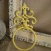 Hand Towel Ring - Fleur de lis Holder - Pale Yellow Distressed Cast Iron - Bathroom Metal Fixture - Accessory Rack - Shabby Chic
