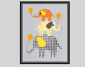 Gray and Yellow Elephant Art Print, Nursery Wall Art Elephants and Balloons, Kids Elephant Decor 8 x 10 Kids collage prints