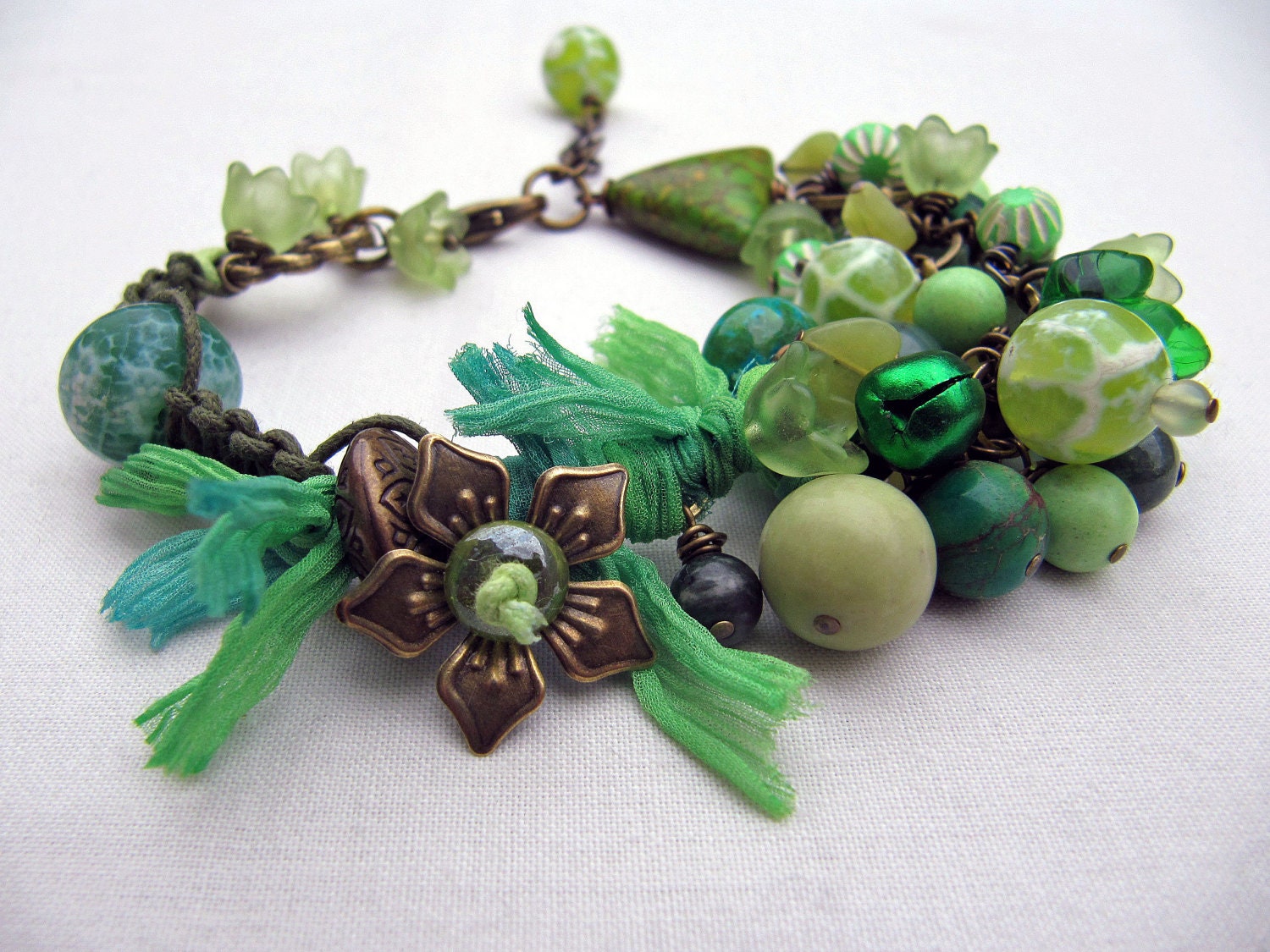 Green with green - handmade bracelet, beaded bracelet, green bracelet, semi-precious stone bracelet, flower bracelet