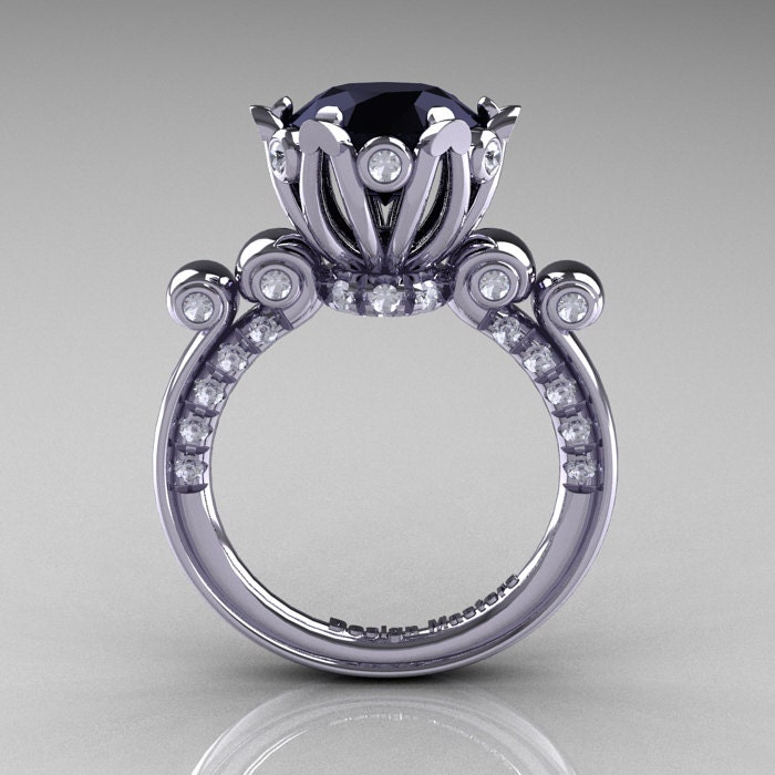 French Antique 14K White Gold 3.0 CT Black Moissanite Diamond Solitaire Wedding Ring Y235-14KWGDBO
