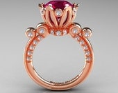 French Antique 14K Rose Gold 3.0 CT Red Garnet Diamond Solitaire Wedding Ring Y235-14KRGDRG