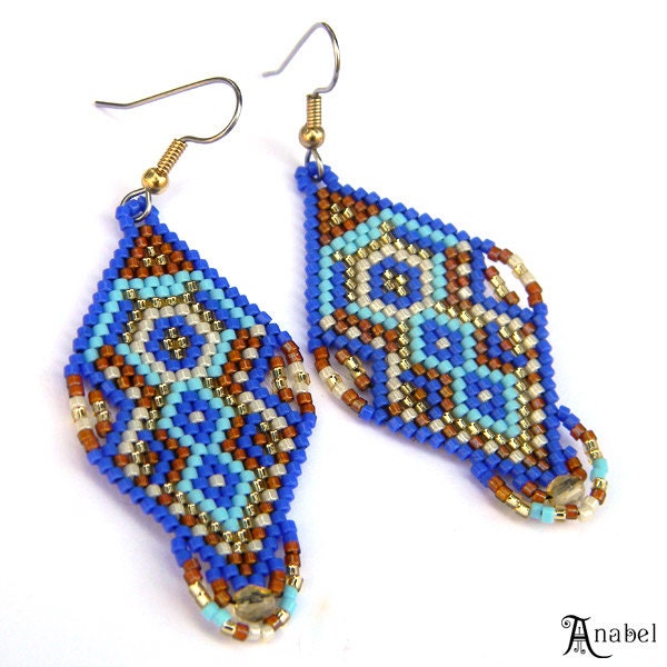 Blue, gold, brown and cream seed bead  earrings - Native American style, summer jewelry, peyote earrings