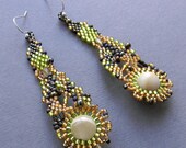 Gold, Olive and Brown  freeform beaded earrings with onyx - boho / bohemian jewelry