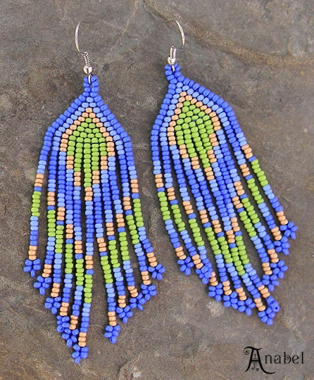 Blue, Green and Beige Native American Style Seed Bead Earrings