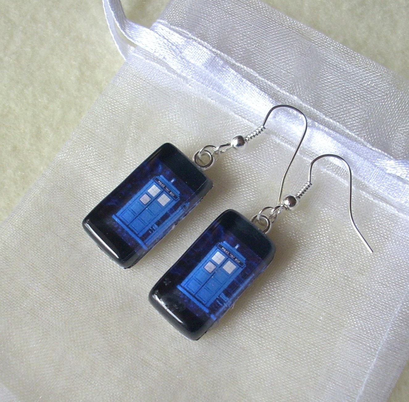Doctor Who Tardis, Glass Tile Earrings, Glass Tile necklace. Silver plated Findings. Photo Art