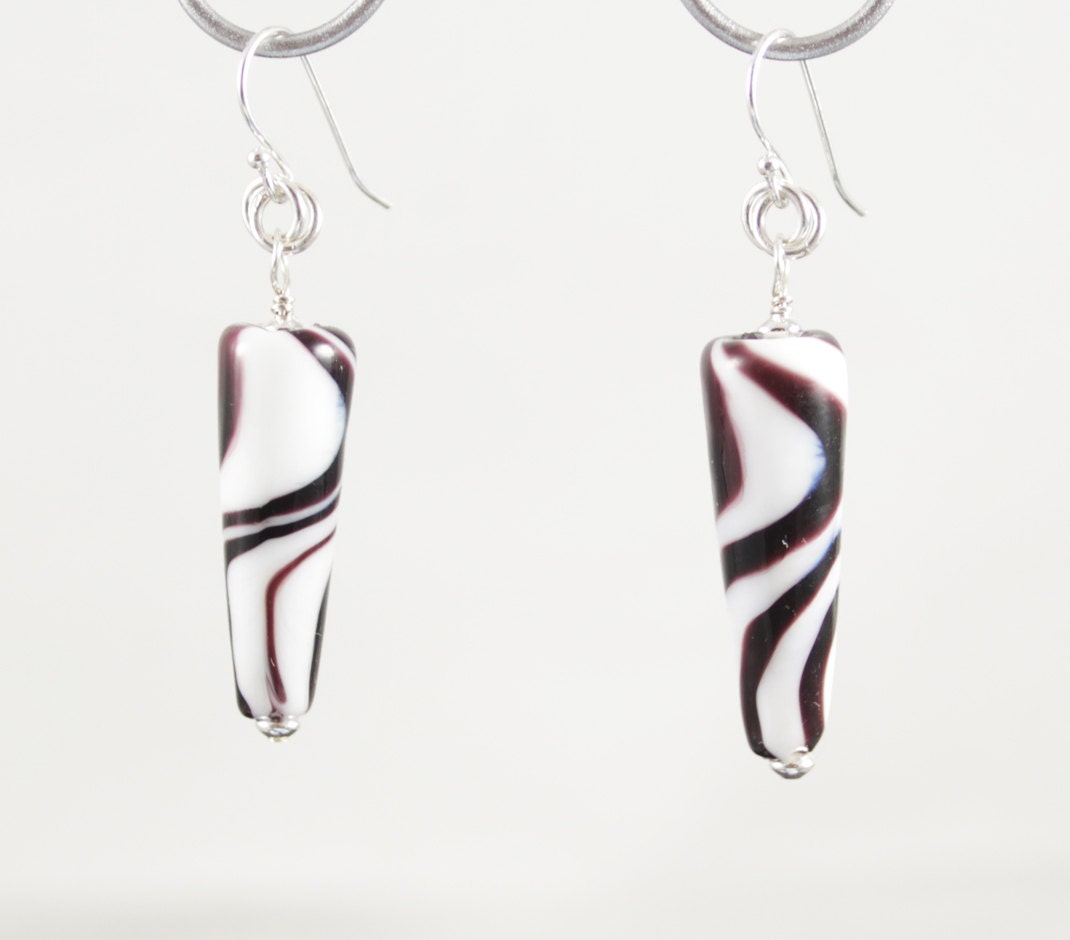 Zebra Glass Earrings Black and White Striped Cone Lampwork Beads with Sterling Silver findings