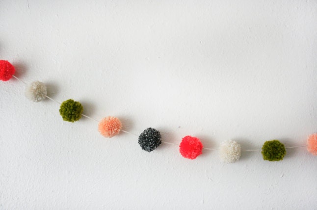 Olive Green - Peach - Dark Grey - Neon Pink - Creme Yarn Pom Pom Garland