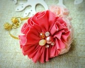 Handmade Romantic Art Nouveau Pink Gold Fabric Bangle with Beads Rhinestones Rose Pendant  Bracelet