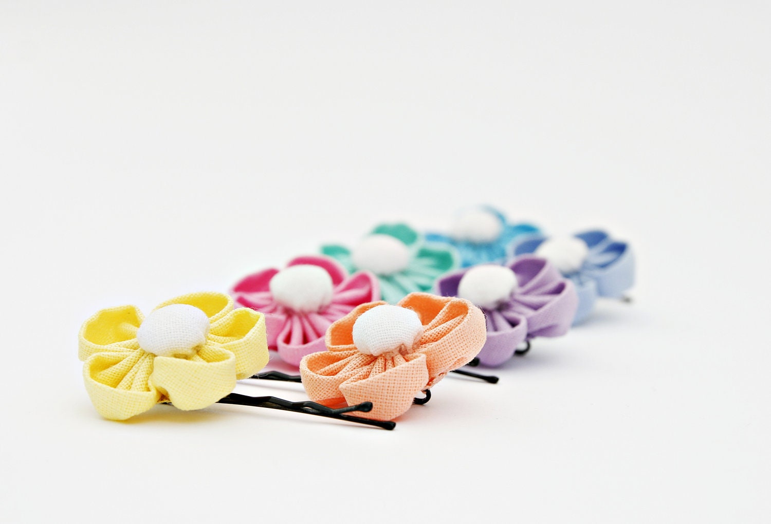 SALE 25% Set of 7 Pastel Rainbow -Colored and White Flower Bobby Pins