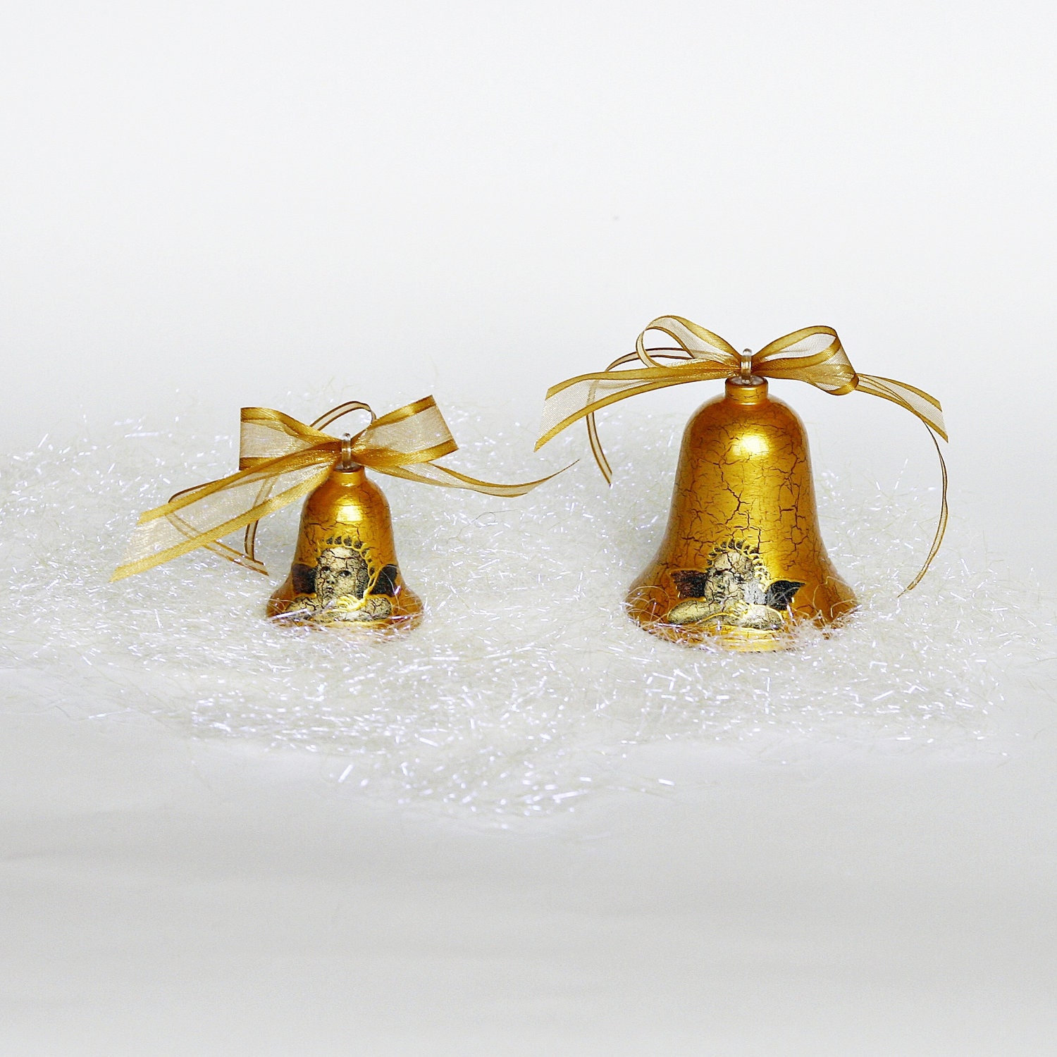 SALE 40% Set of 2 Christmas Bells, Handmade Decoupage Ornament, Home Decoration in Gold with Angels and Cracked Effect