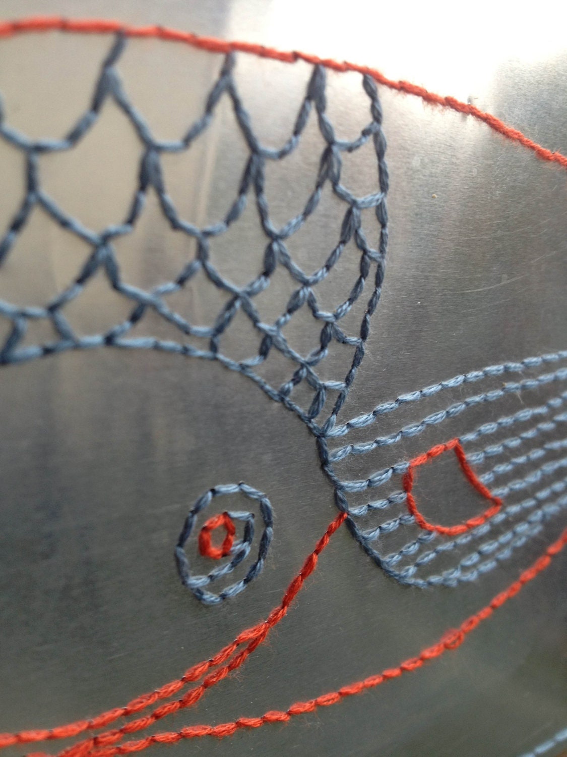 Whale aluminum and wood embroidery