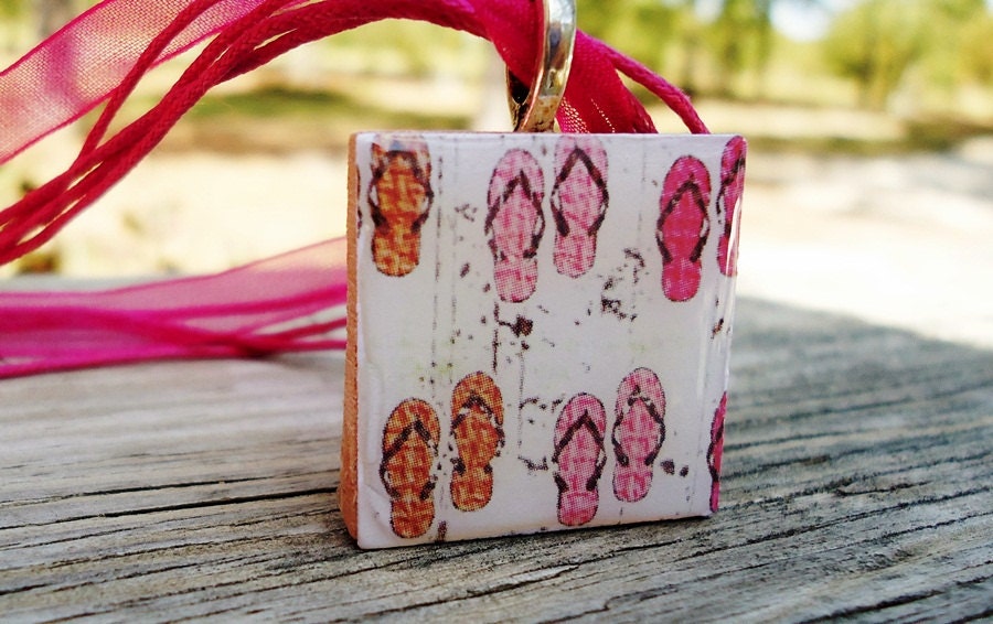 Wood Tile Beach Summer Flip Flops, Pink, Orange and White