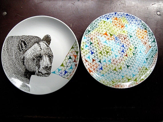 Black Bear Geometric Design Plates hand illustrated porcelain Set of two