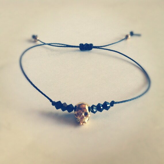 Delicate Skull Bracelet with Swarovski Crystal Beads - Adjustable