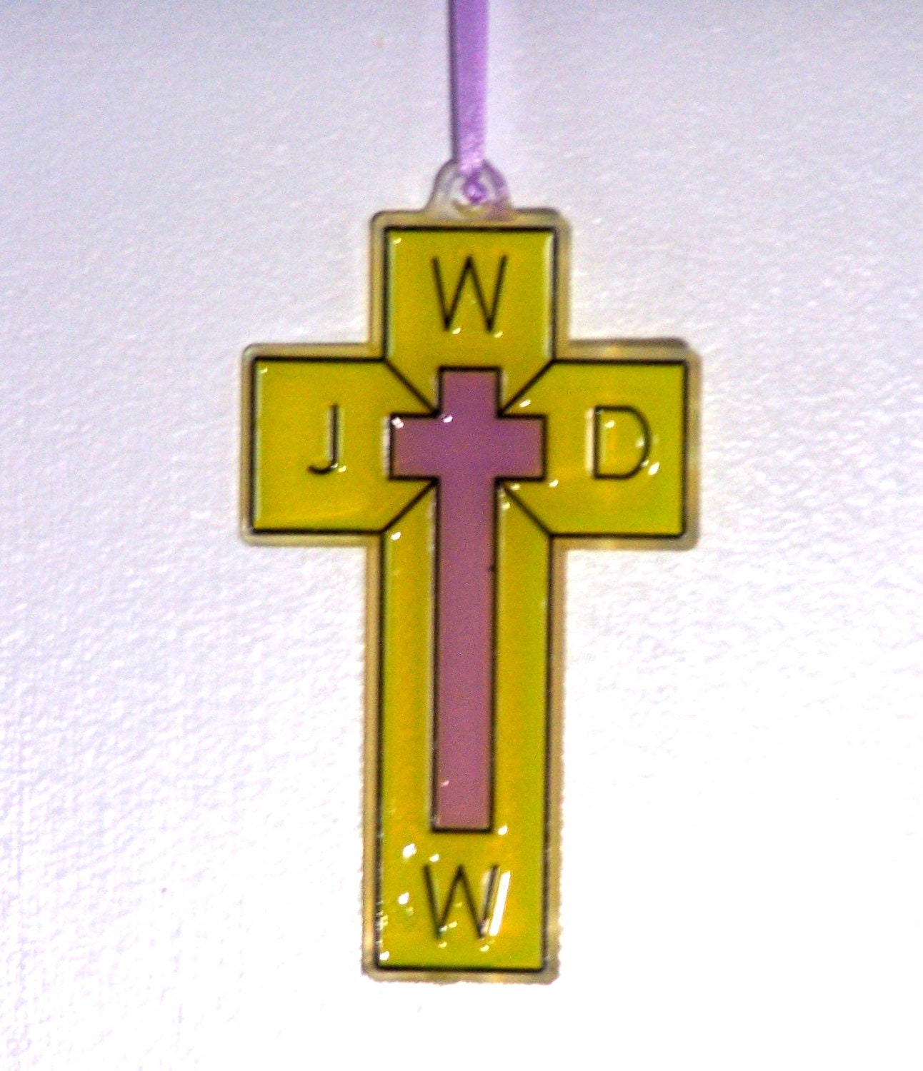 ORNAMENT - Cross- WWJD - Acrylic - Yellow & -Lilac Handpainted Home Decor