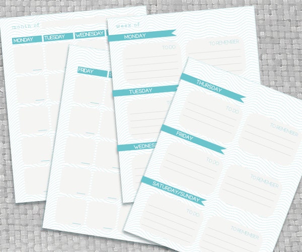 DIY Printable Weekly and Monthly Planner/Calendar - Blue Waves