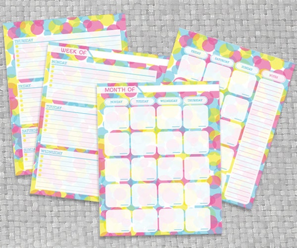DIY Printable Weekly and Monthly Planner/Calendar - Colorful Polka Dots
